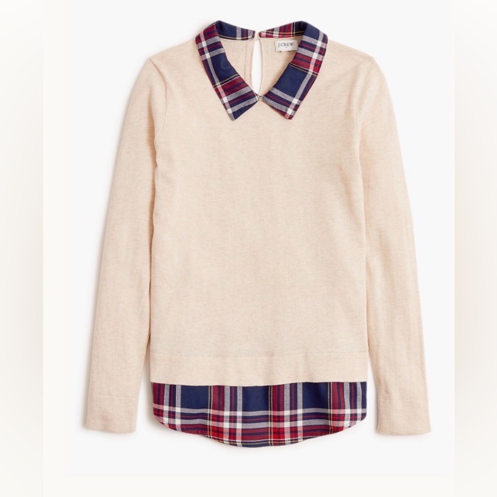 J. Crew Cream Sweater Top with Navy & Red Plaid Collar